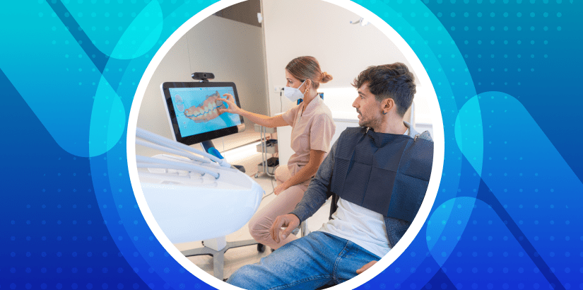 man sitting in dental chair with diagnostic imaging