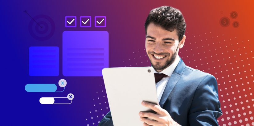 man looking at tablet with purple background